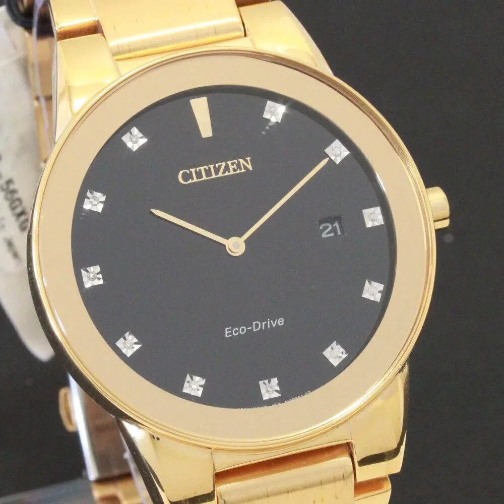 Citizen Axiom Eco Drive Men's Watch Diamond Indices Gold Tone Black Dial 40mm